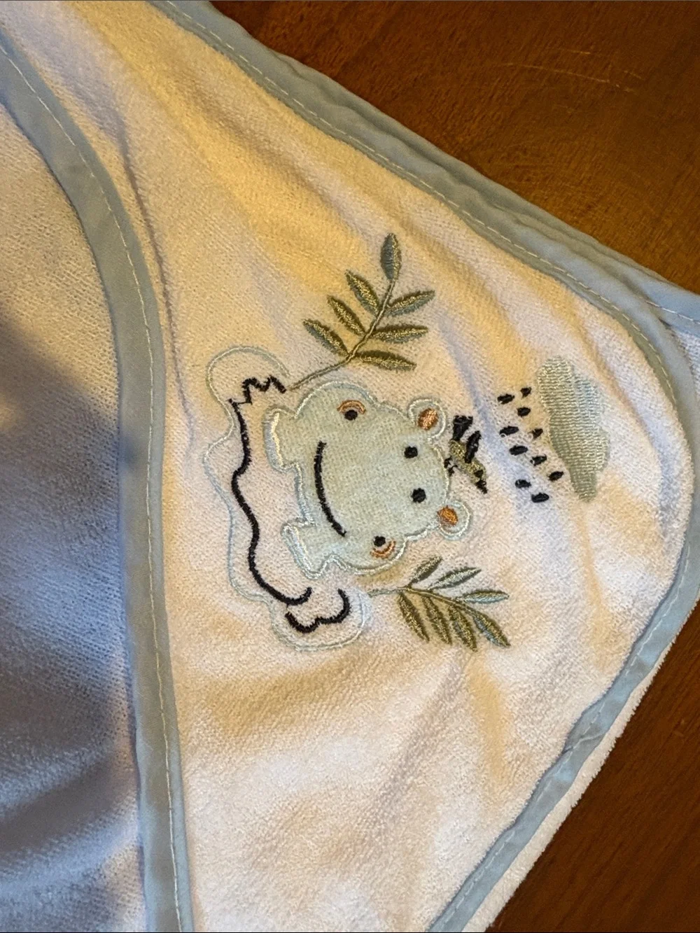 Hooded Baby Towel with Hippo Embroidery - White with Light Blue Trim